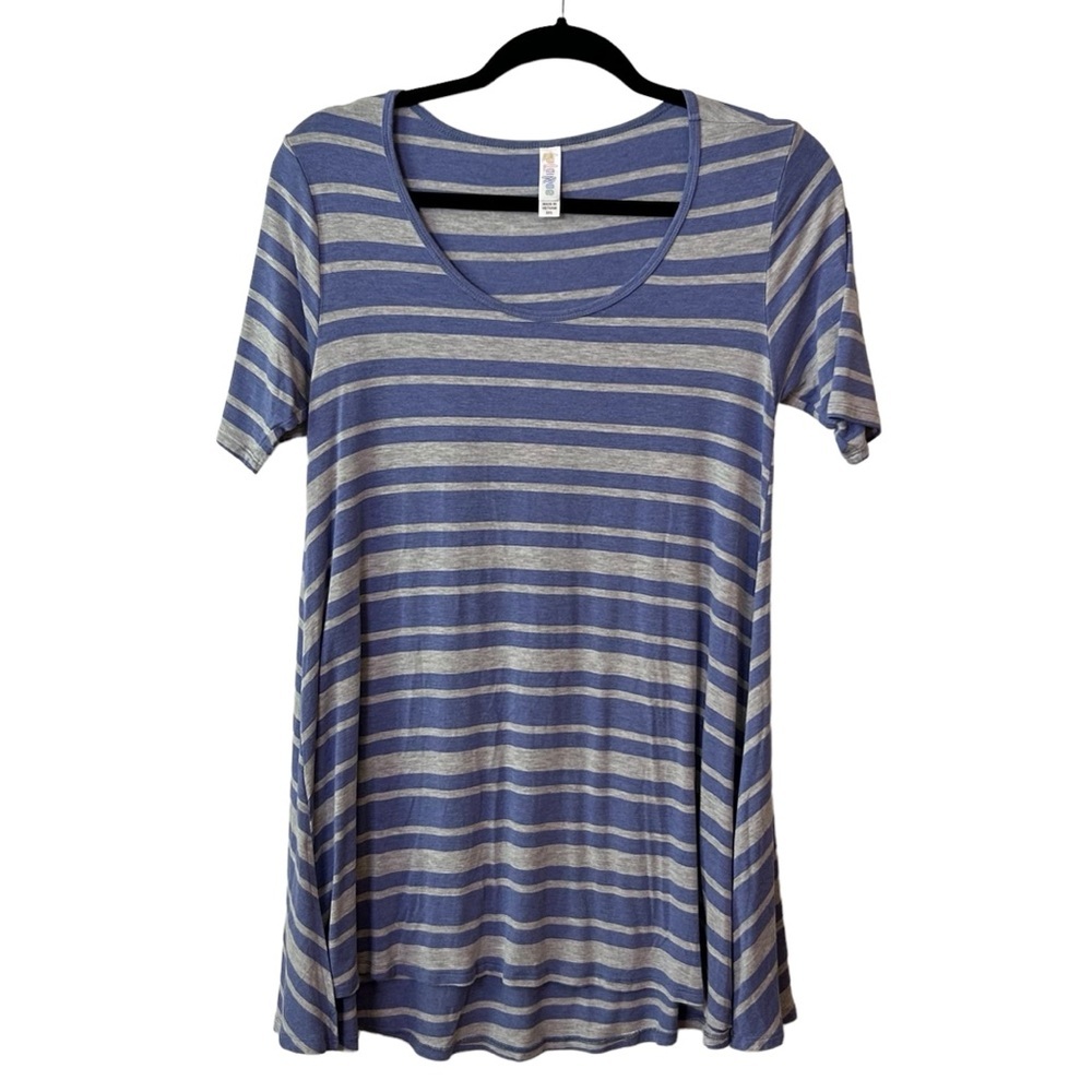 LuLaRoe Perfect T Women's Top XXS Blue Gray Striped Flare Short Sleeve Shirt